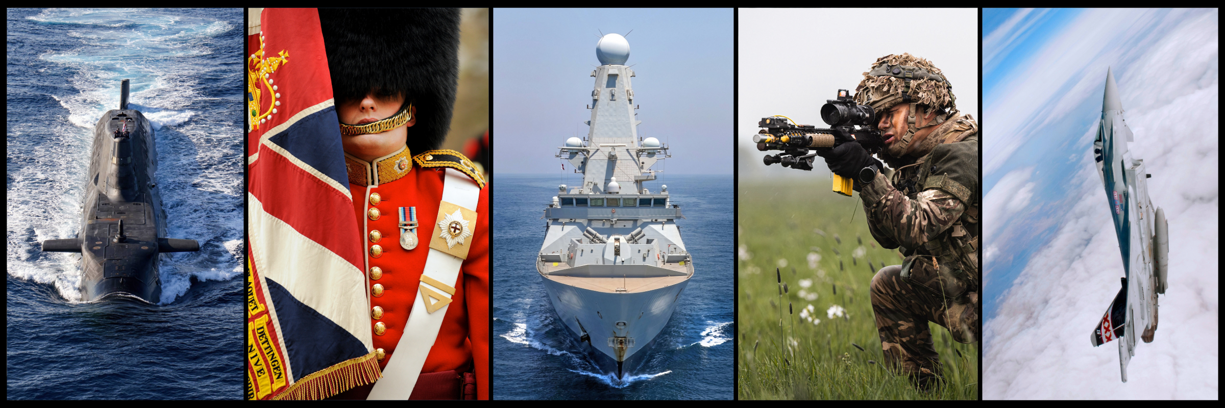 Collage of military-themed images including a submarine, flag, ship, soldier with rifle, and fighter jet.