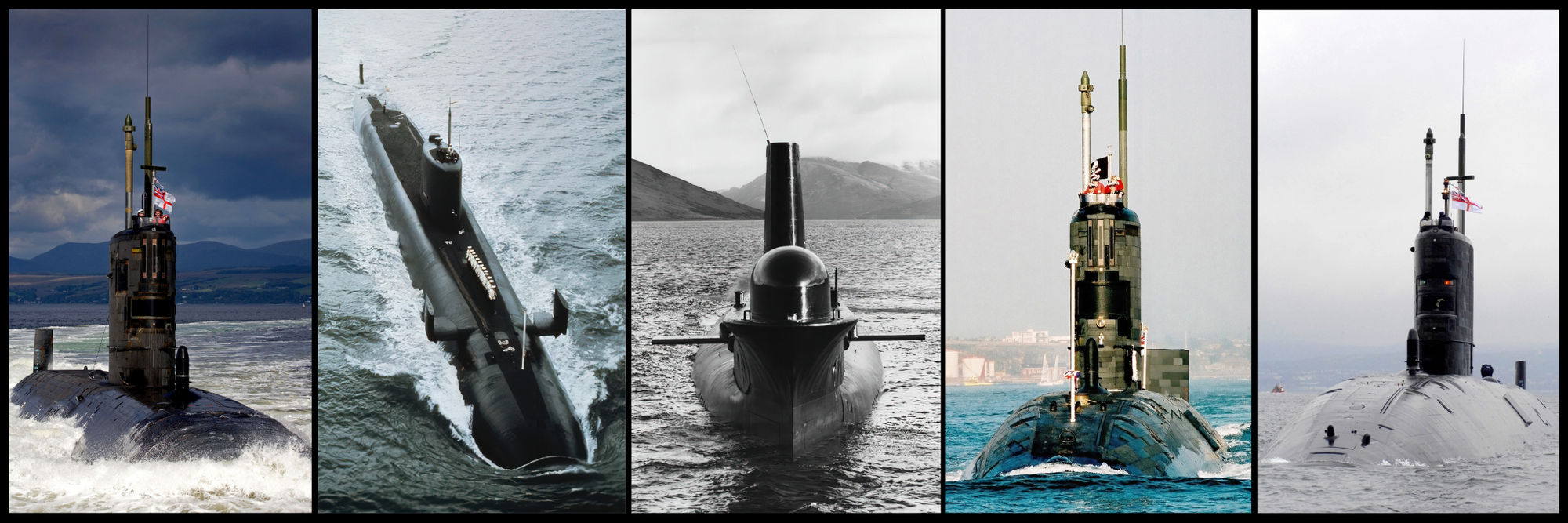 Collage of five images featuring submarines in various settings.