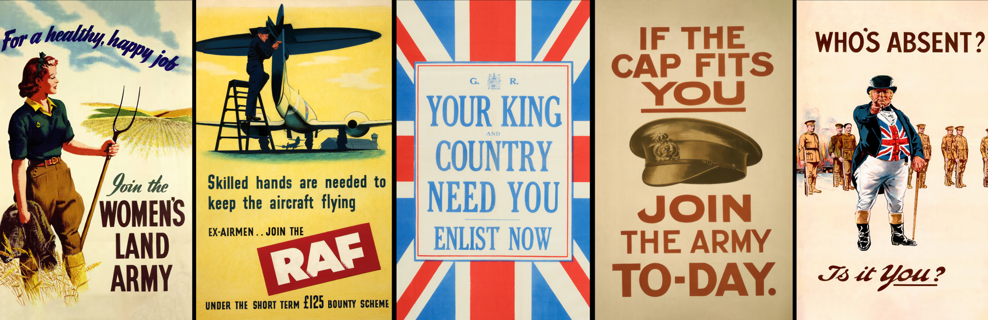 Restored WWI and WWII British recruitment posters collage