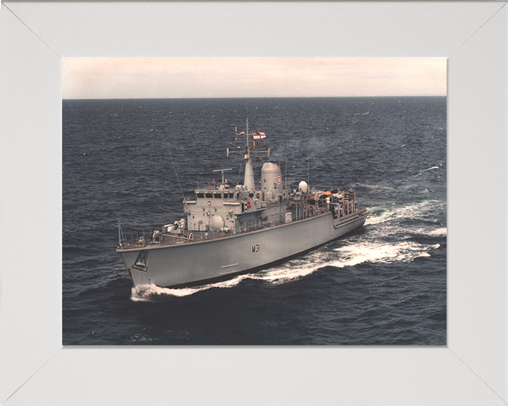 HMS Cattistock (M31) Photo Print - Port Side View at Sea - Royal Navy Hunt Class MineHunter Hampshire Prints 10 x 8 White Frame No