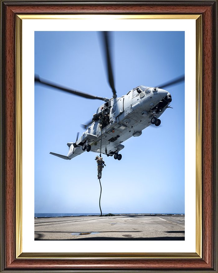 Royal Marines Commando fast-roping from a helicopter, framed print