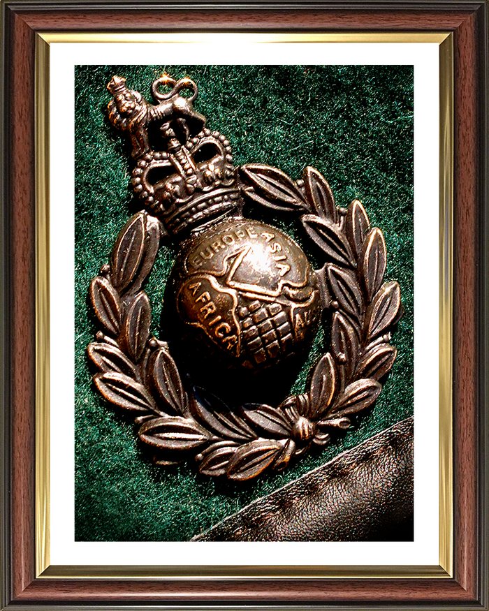 Royal Marines Globe and Laurel cap badge, framed print